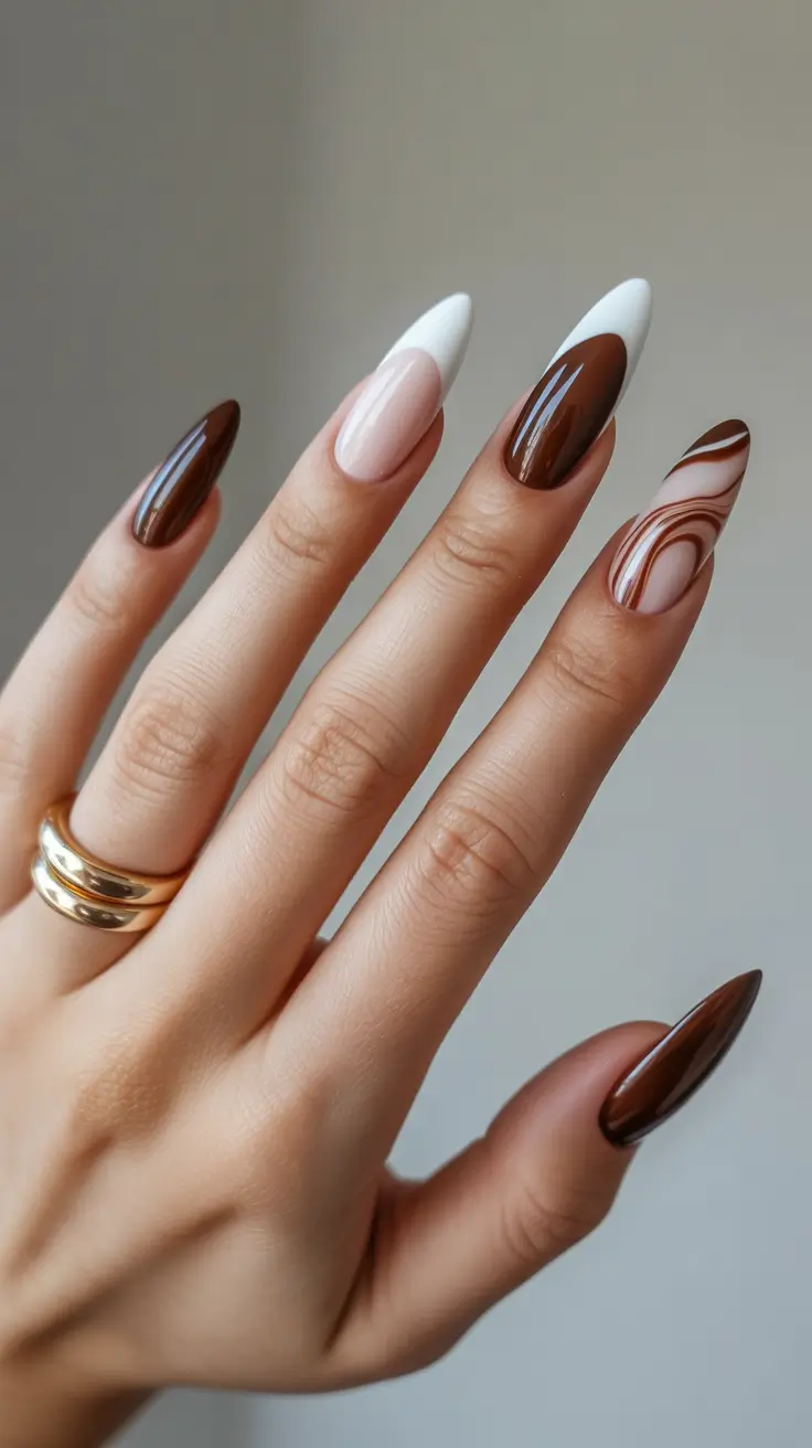 almond-nails-designs-Chocolate-Swirl-Art-With-Bold-Shape-Accents