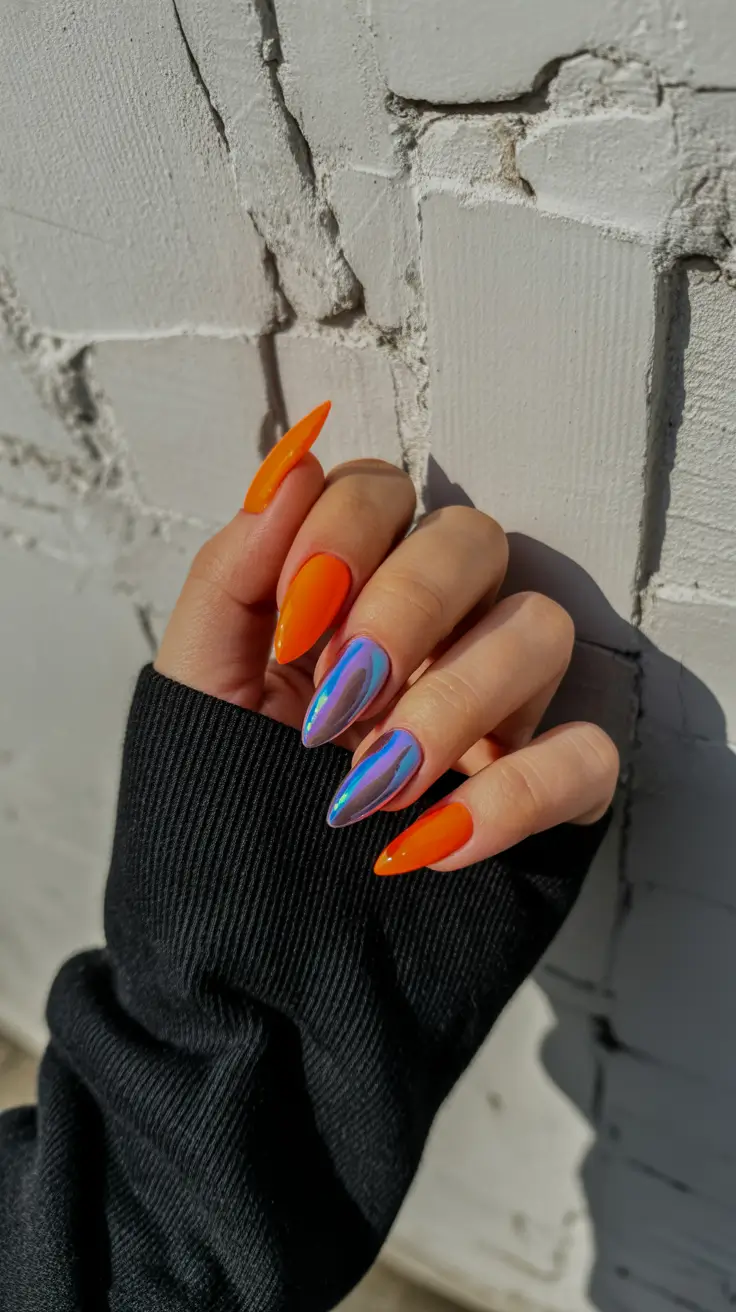 almond-nails-designs-Electric-Orange-Futuristic-Chrome