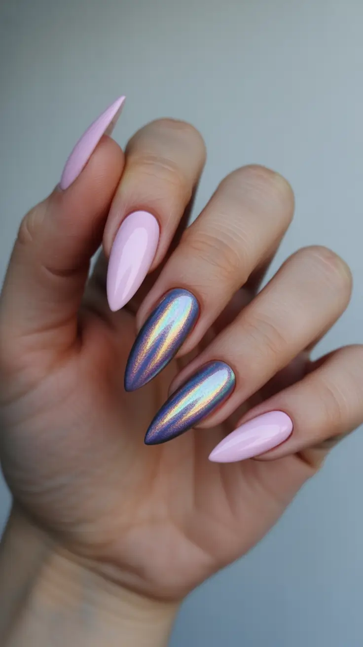 almond-nails-designs-Pink-and-Chrome-Mix-for-a-Futuristic-Glow