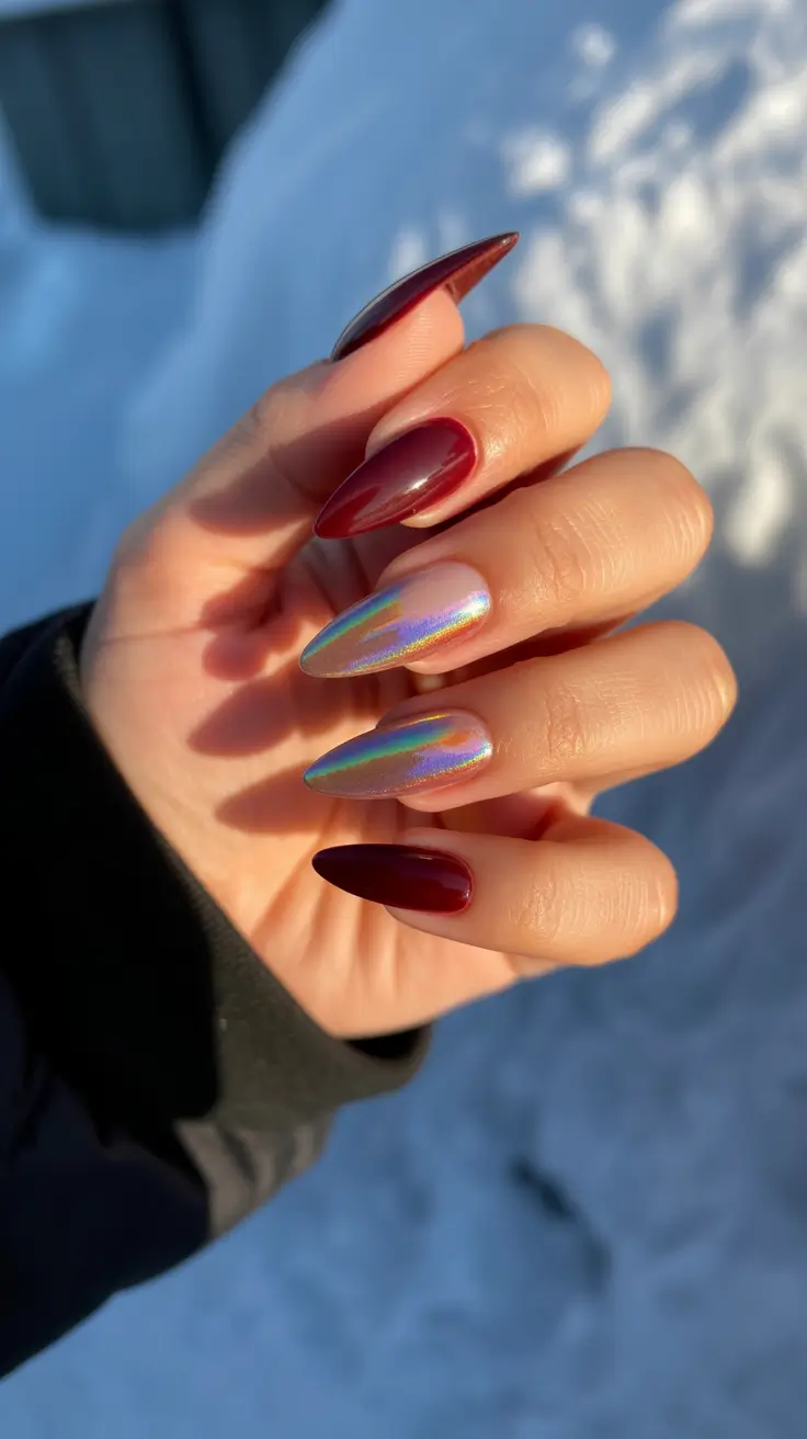 almond-nails-designs-Deep-Ruby-and-Iridescent-Chrome
