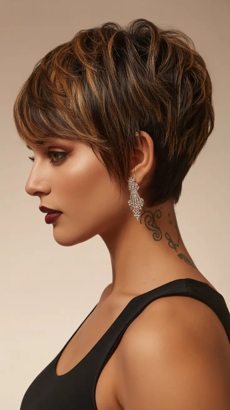 Best asymmetrical pixie haircuts 2026 Bronzed Glow Layers