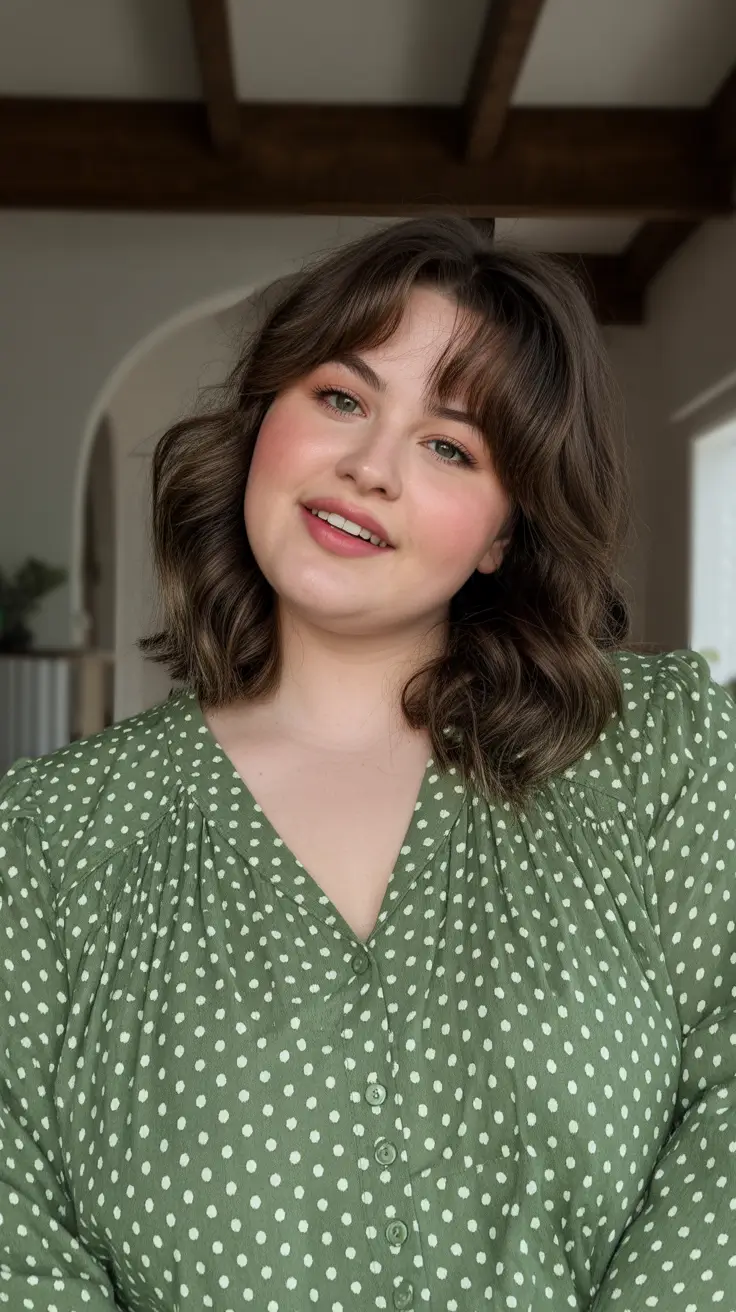 haircuts for chubby faces with bangs Layered Lob with Wispy Fringe