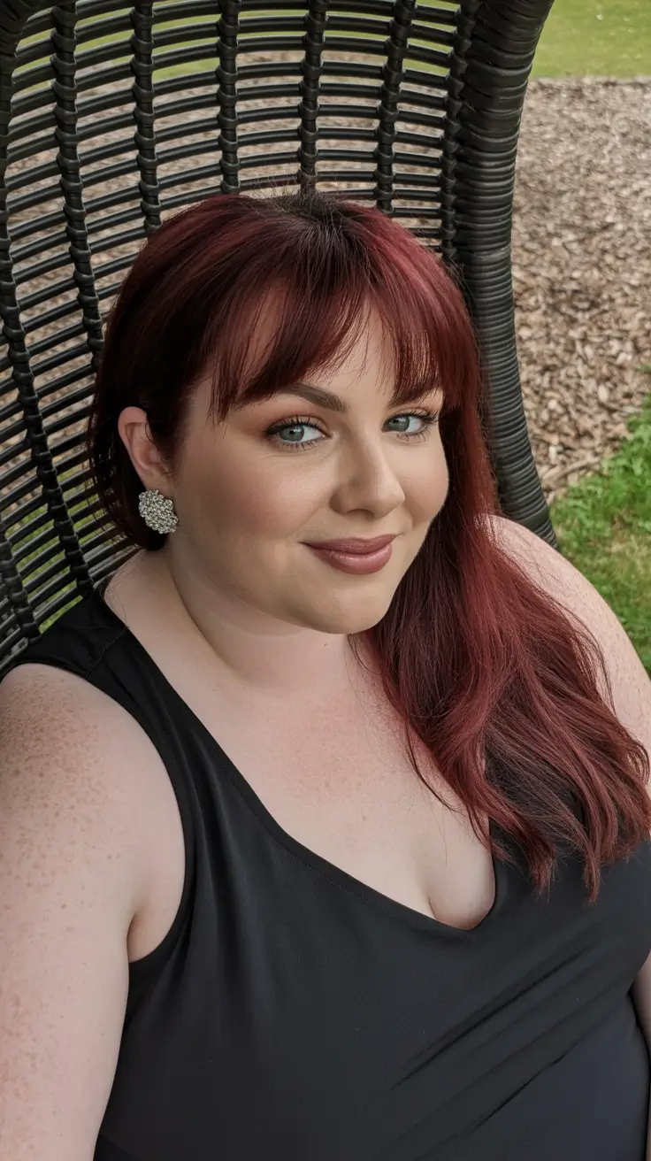 haircuts for chubby faces with bangs Deep Burgundy with Curtain Bangs