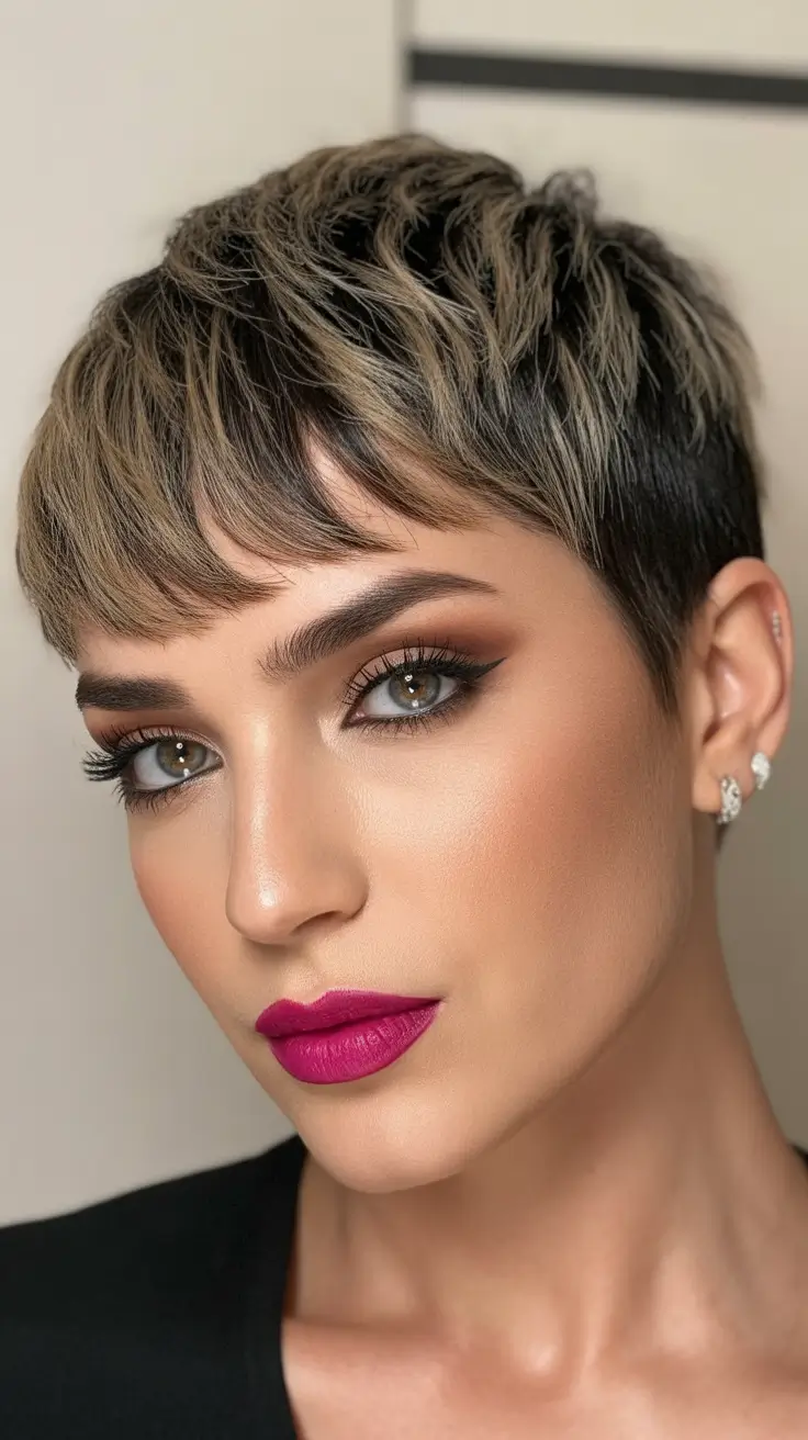 short haircuts for women 2026 Textured Pixie with Smoky Elegance