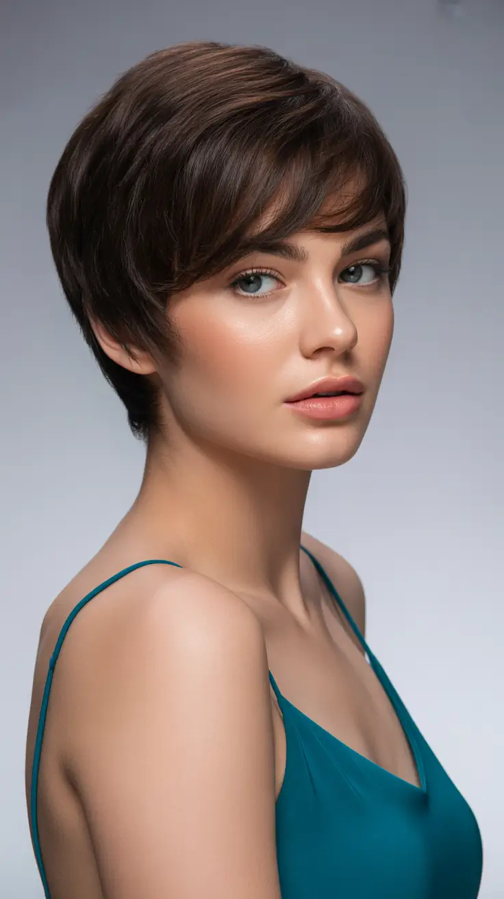 short haircuts for women 2026 Soft Feminine Pixie with Side Bangs