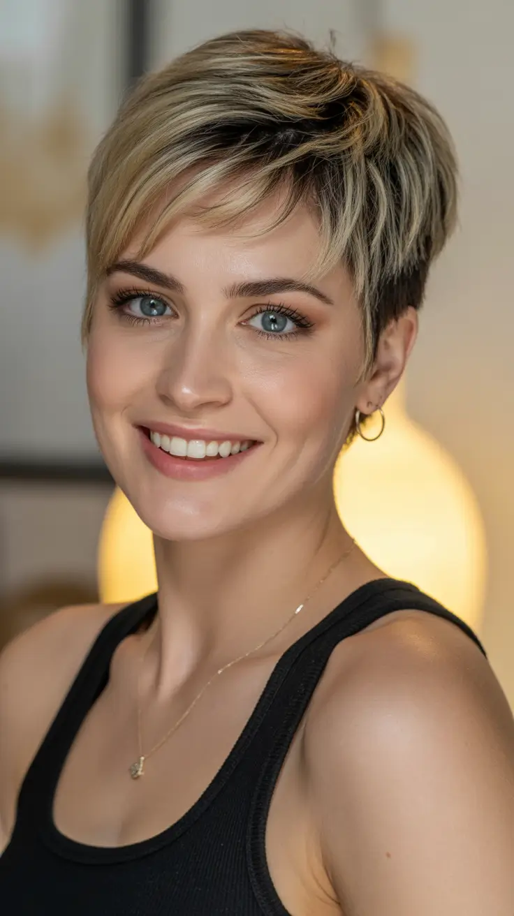 short haircuts for women 2026 Textured Blonde Pixie with Warm Dimension