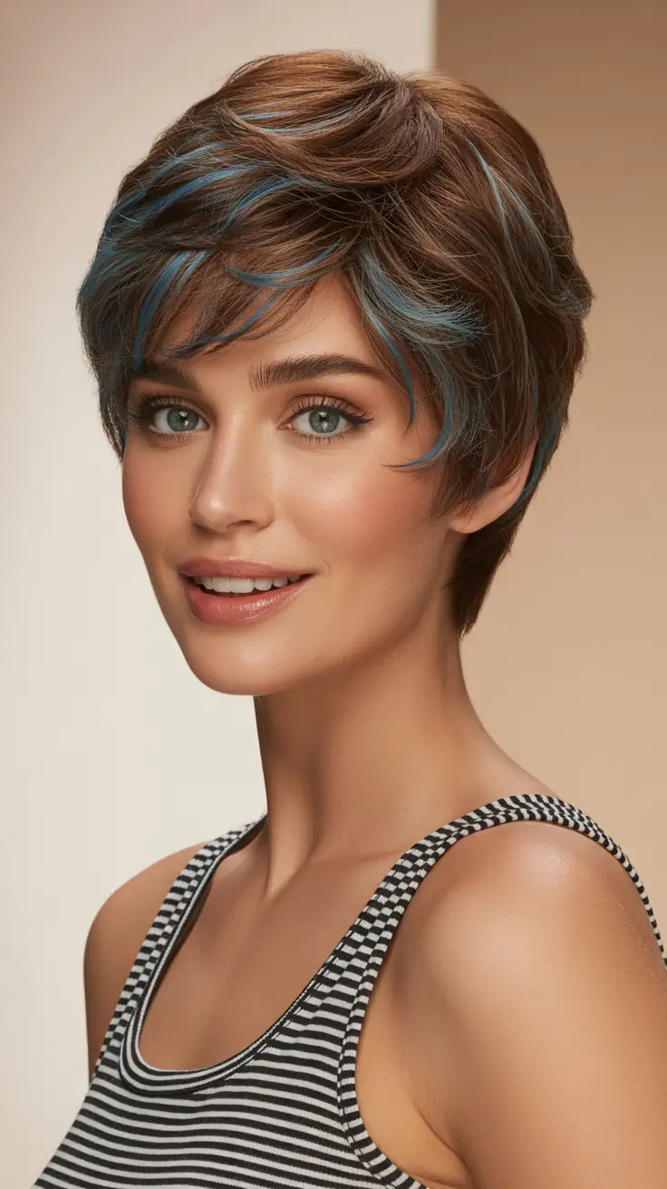 short haircuts for women 2026 Playful Pixie with Blue Accent Highlights