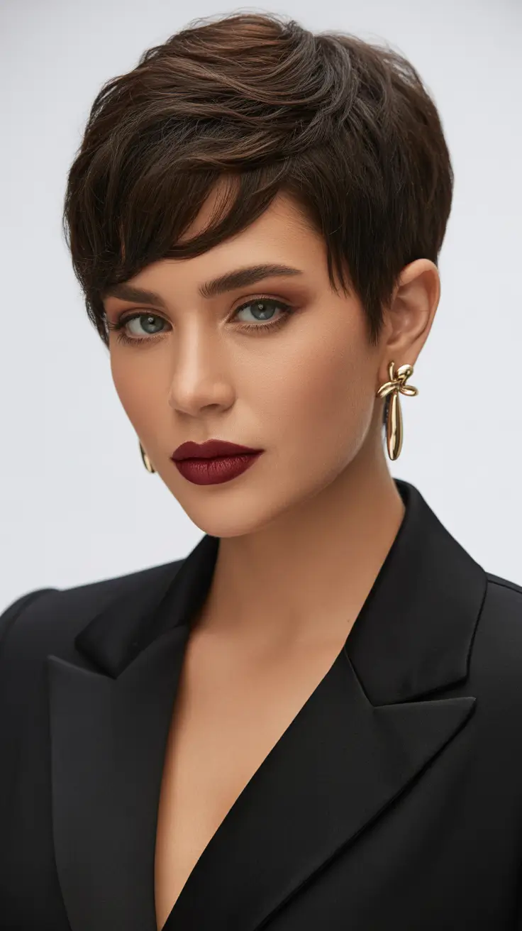 short haircuts for women 2026 Rich Brunette Pixie with a Power Edge