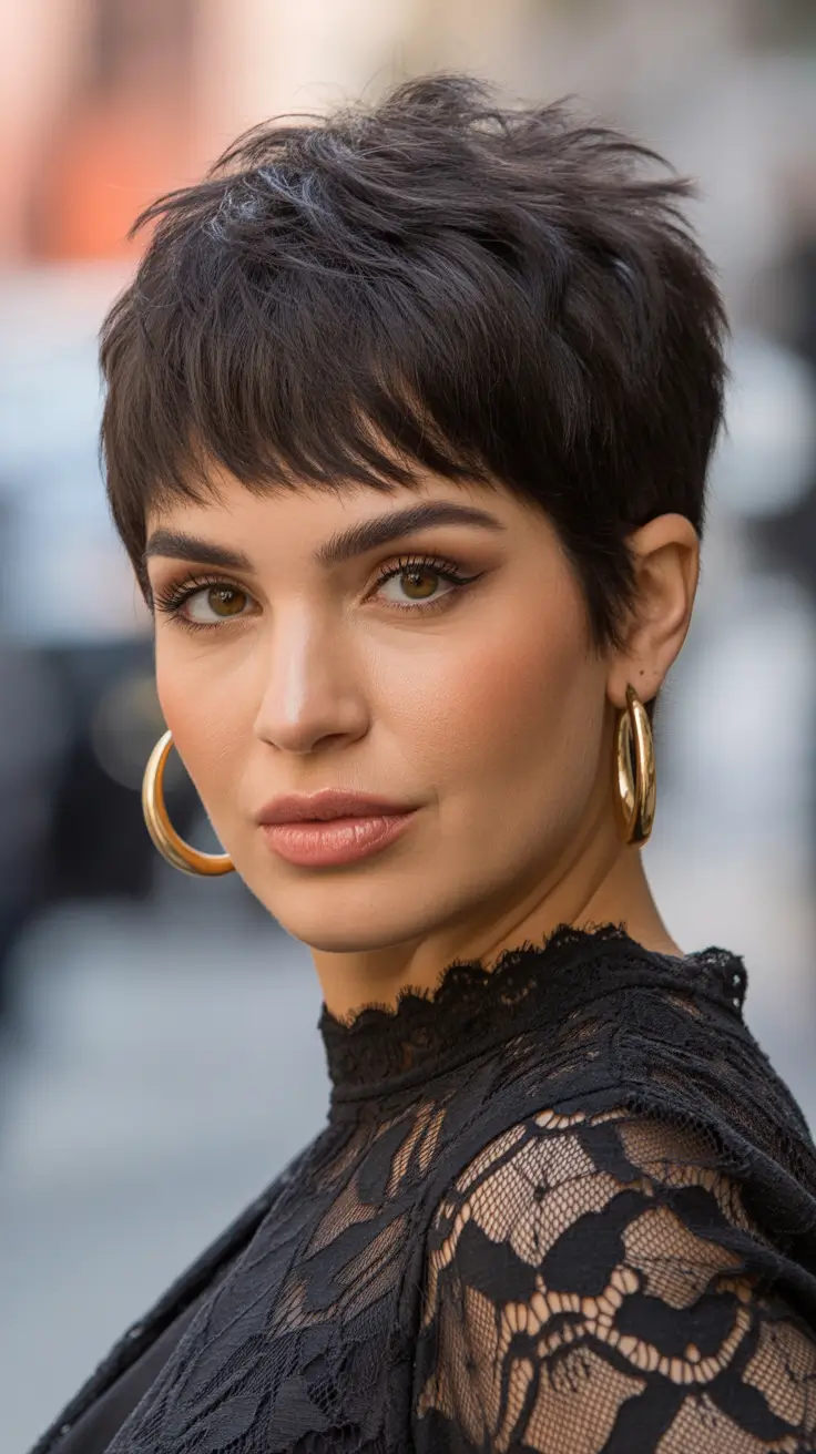 short haircuts for women 2026 Classic Brunette Pixie with Parisian Attitude
