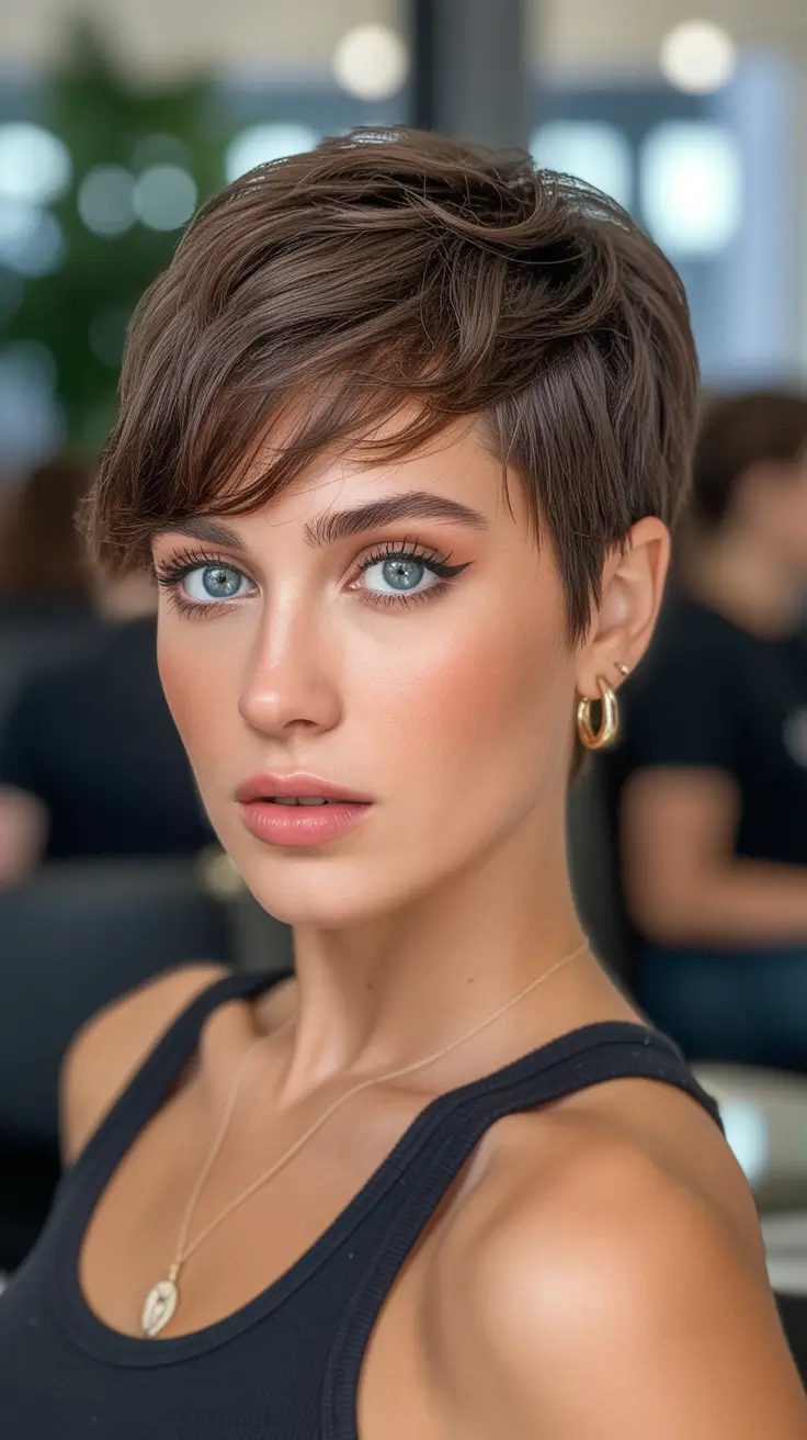 short haircuts for women 2026 Soft Brunette Pixie with Feminine Layers