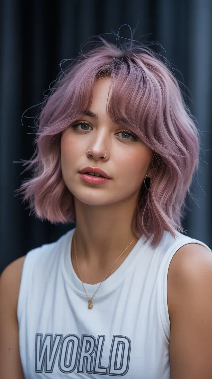 short haircuts for women 2026 Lavender Wavy Bob with Bangs