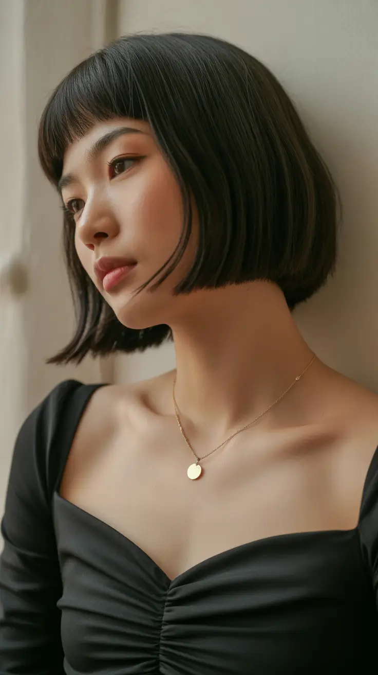 short haircuts for women 2026 Soft Japanese-Inspired Bob with Micro Bangs