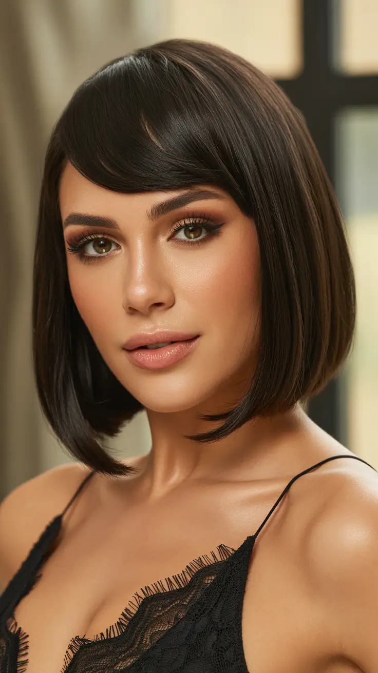 short haircuts for women 2026 Side-Parted Classic Bob with Modern Bangs