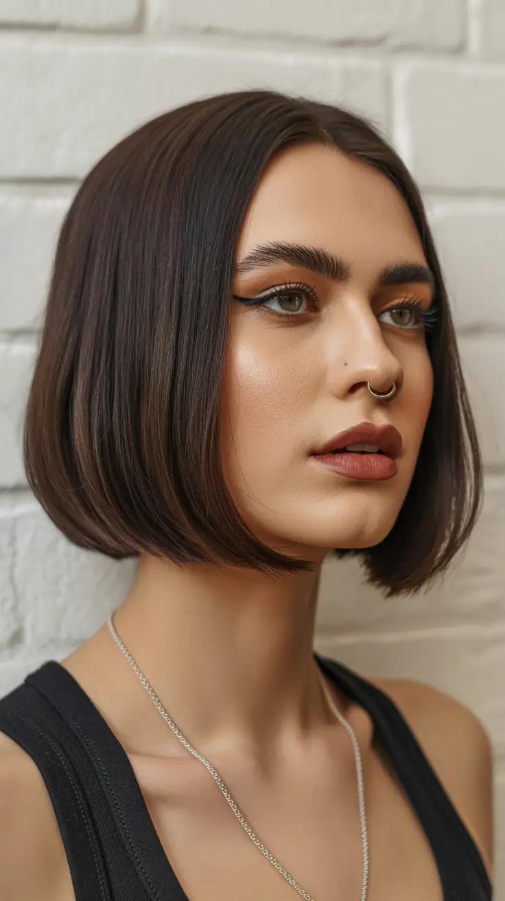 Best short hairstyles 2026 Glossy Dark Bob With a Clean Middle Part