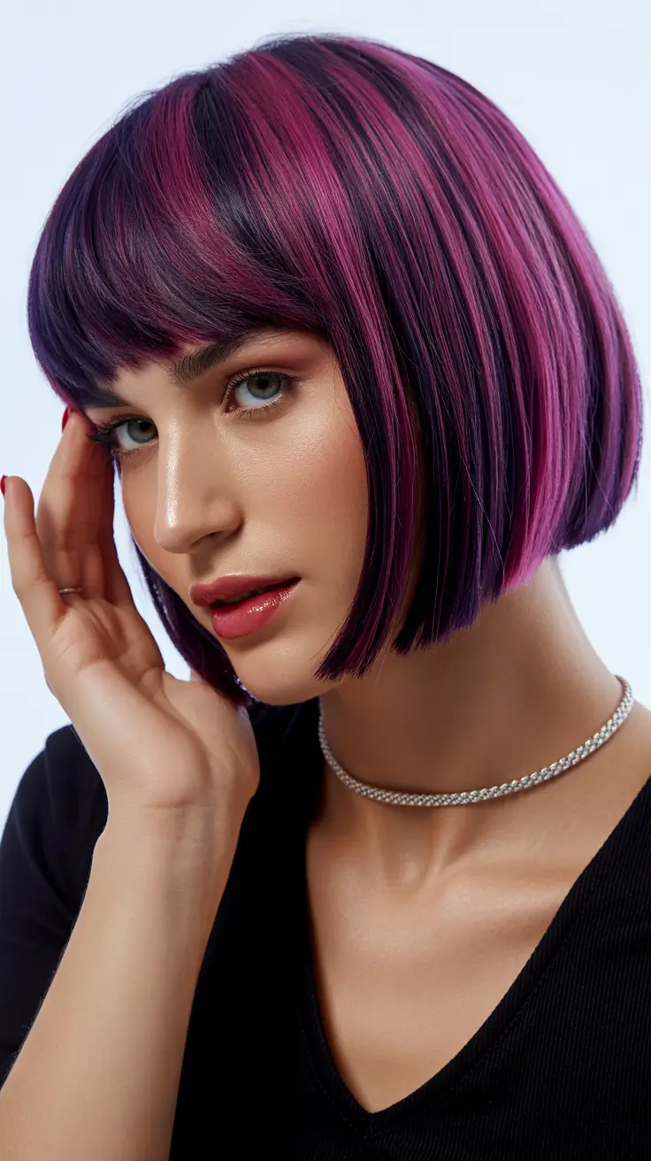 bob hairstyles 2026 Violet-Pink Precision Bob With Bold Dimension