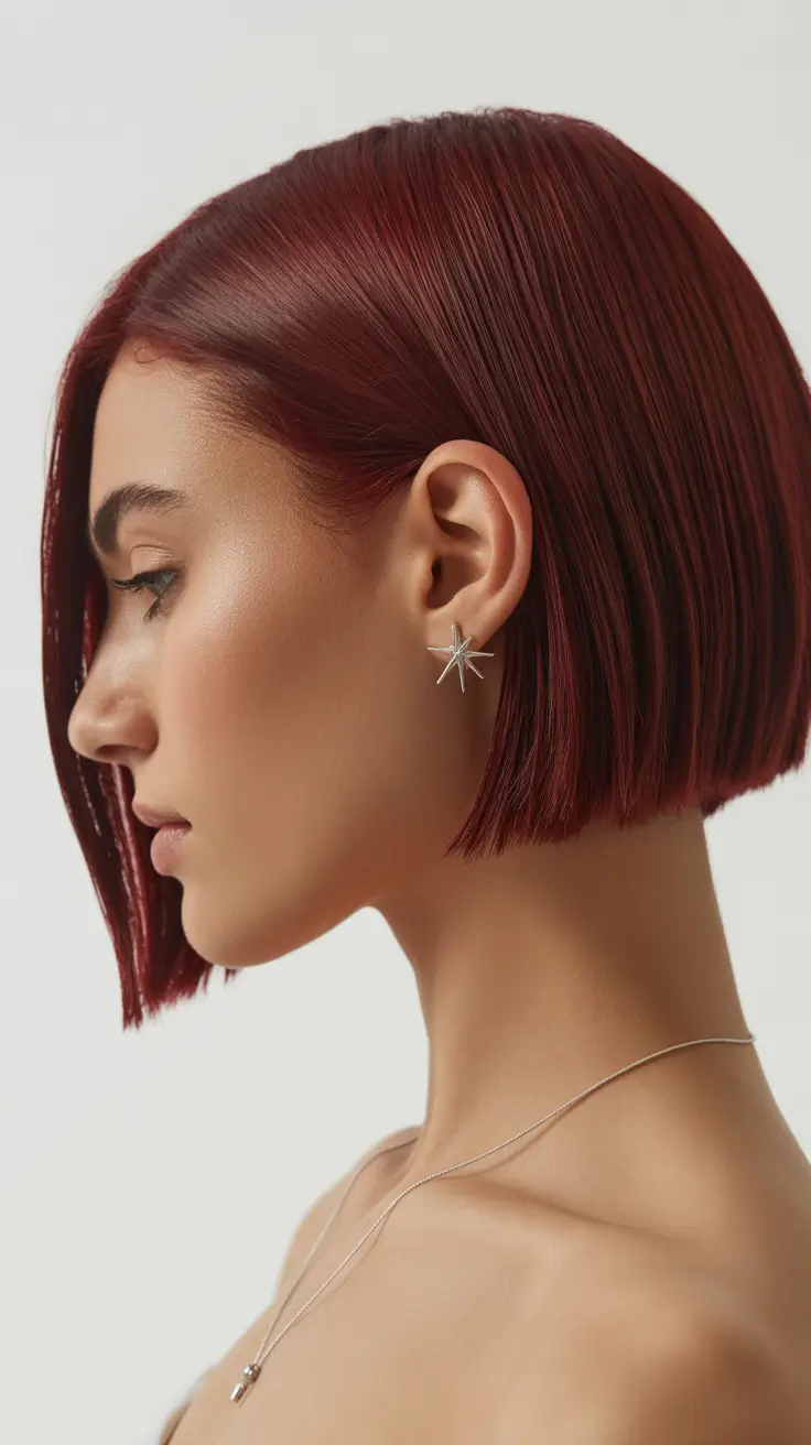bob hairstyles 2026 Ruby-Red Structured Bob With Mirror Finish