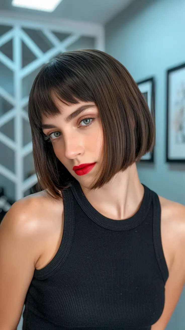 bob hairstyles 2026 Graphic Chin-Length Bob With Bold Micro Bangs