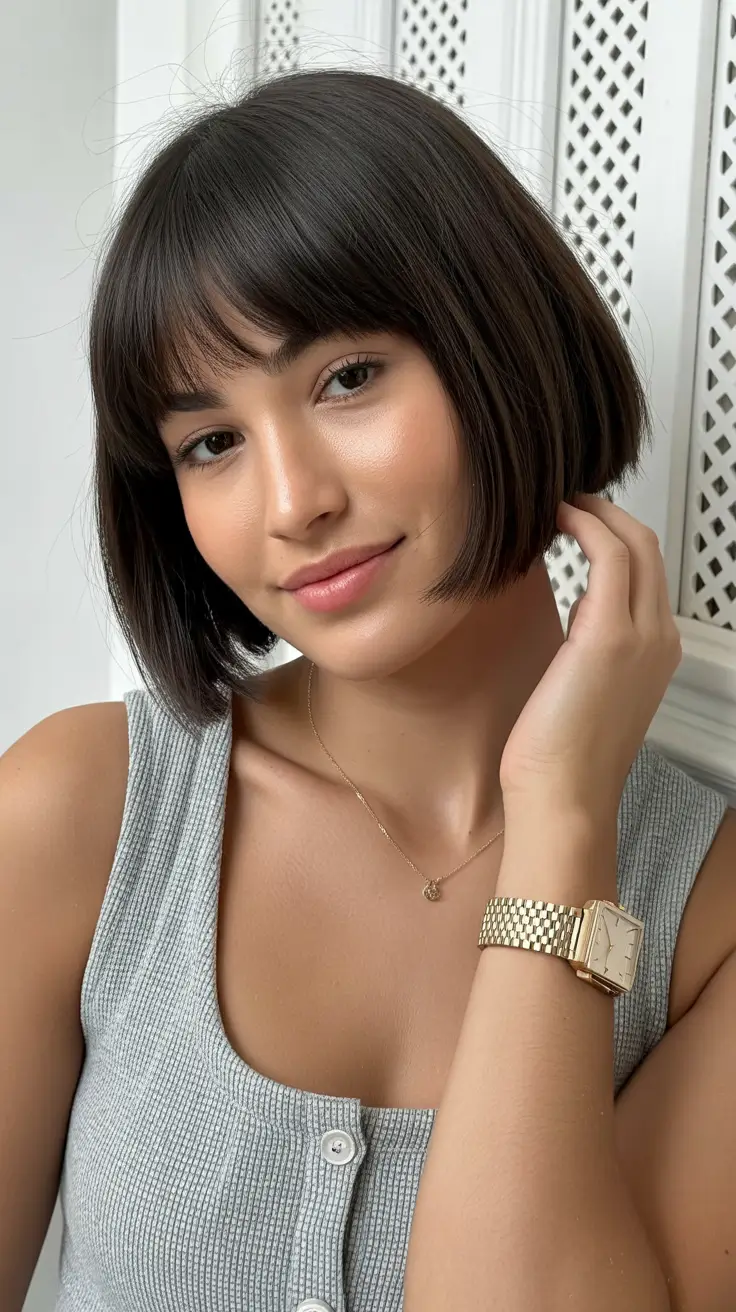 bob hairstyles 2026 Soft Rounded Bob With Airy Feathered Bangs