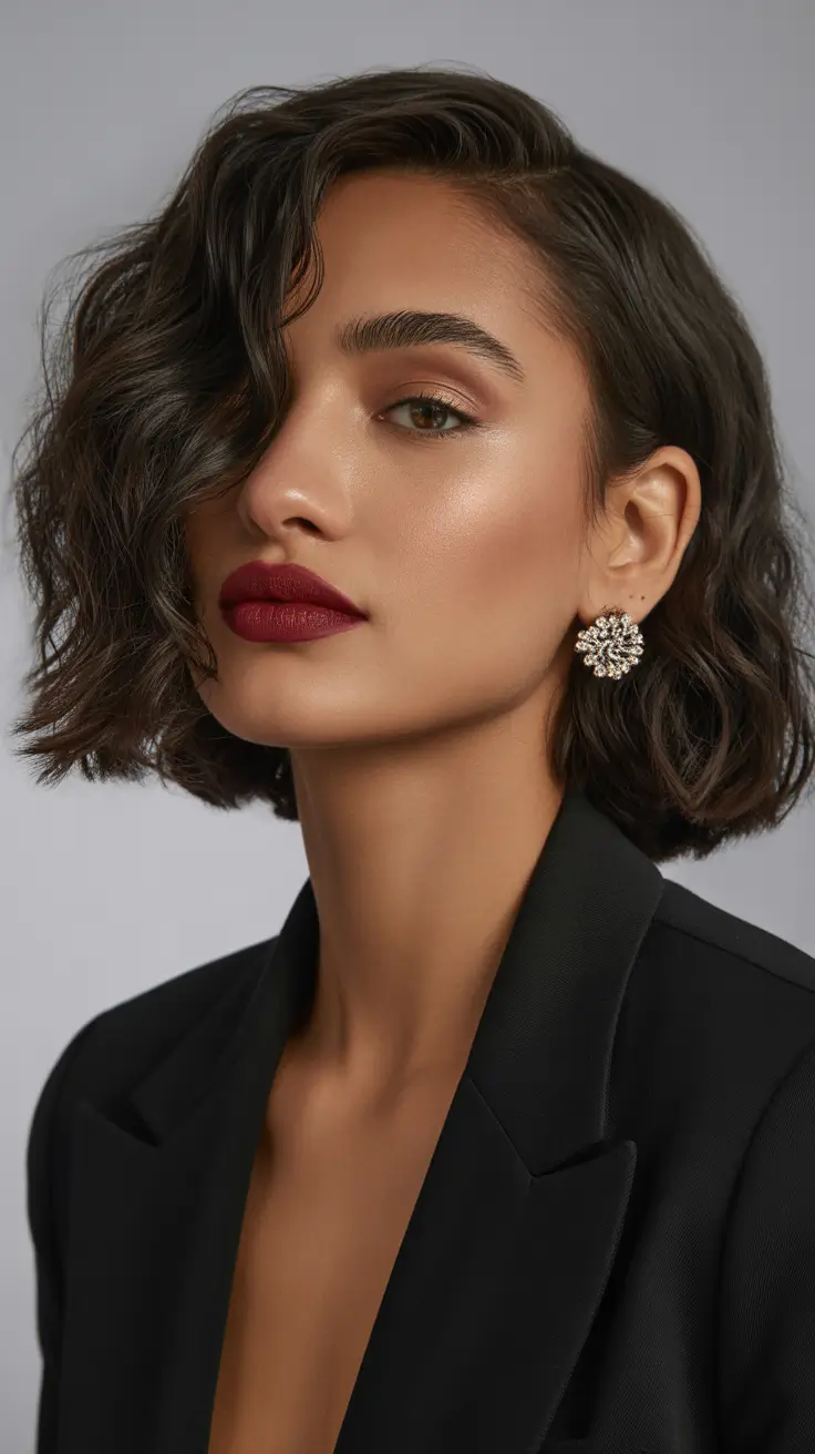 bob hairstyles 2026 Textured Wavy Bob With Deep Side Sweep