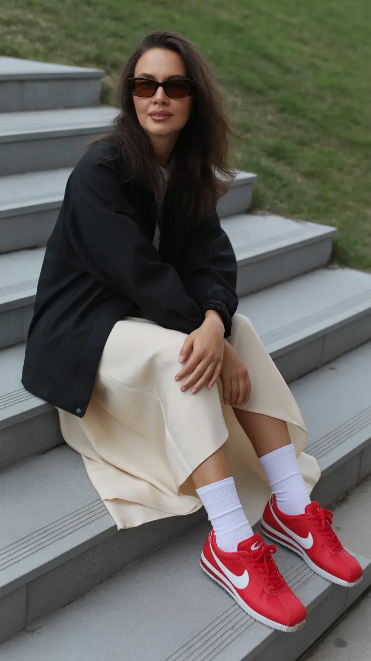 sneakers outfit work Elegant Neutrals Meet Bold Red