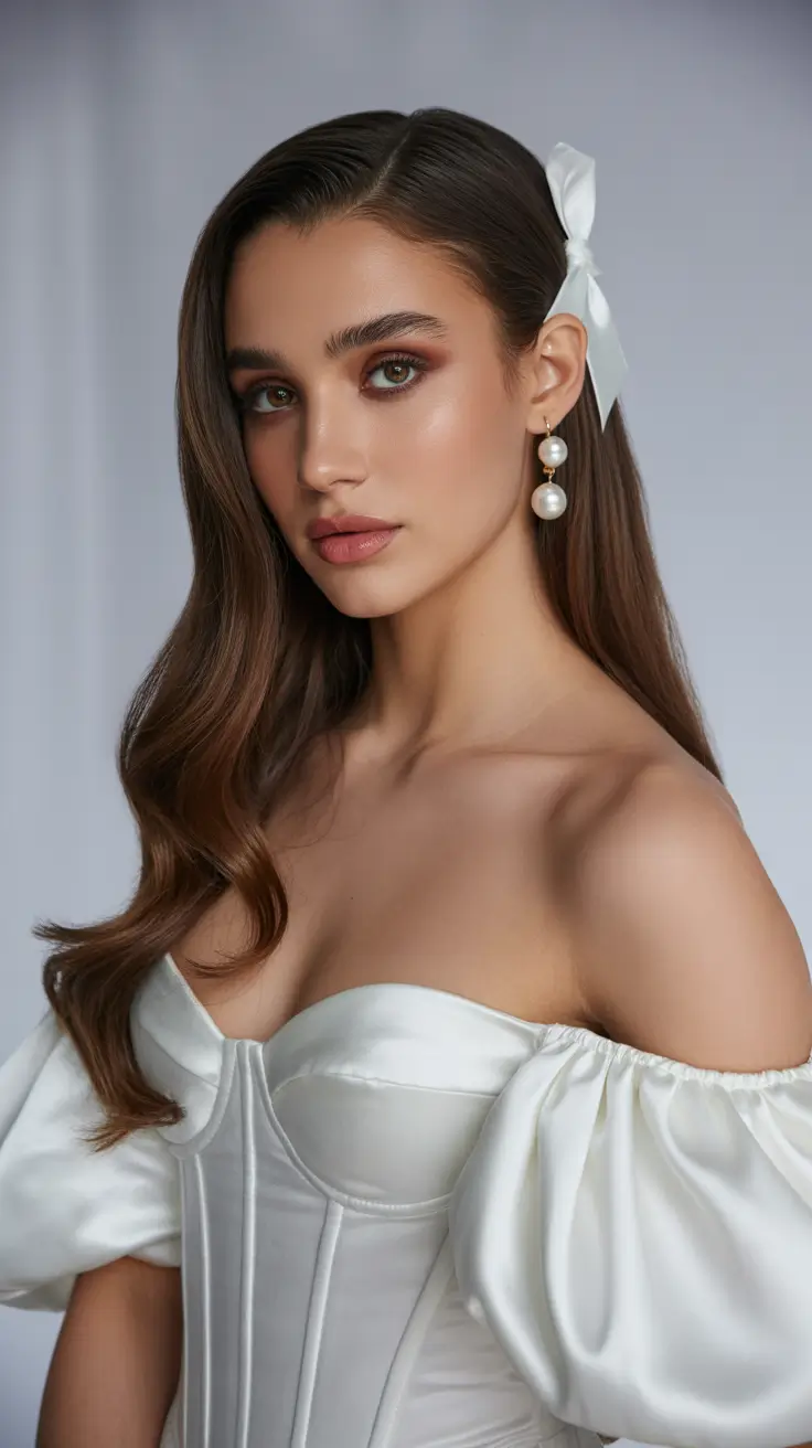 Chic bridal hairstyles 2026 Silky Side-Swept Waves With a Satin Bow