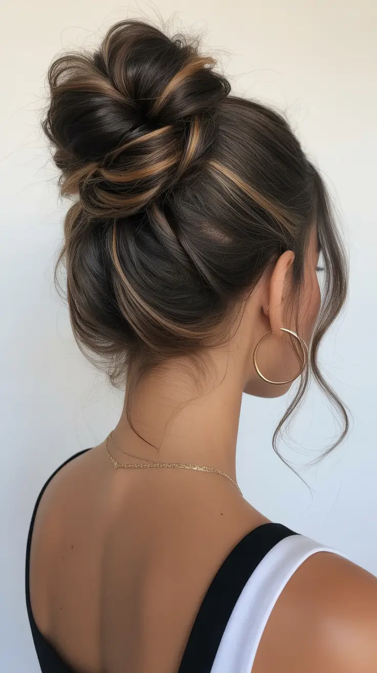 Chic bridal hairstyles 2026 Textured High Bun With Dimensional Brunette Highlights