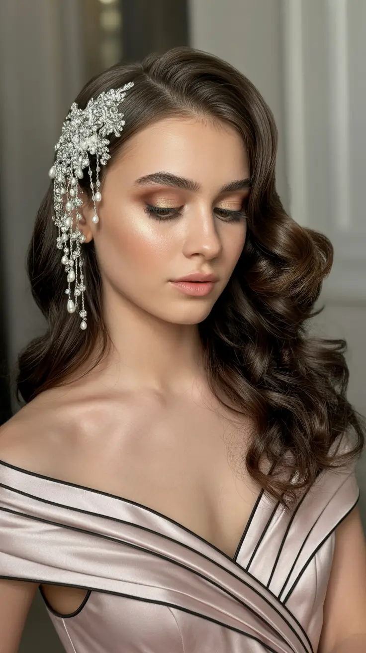 Chic bridal hairstyles 2026 Side-Swept Cascading Curls With Crystalline Embellishment