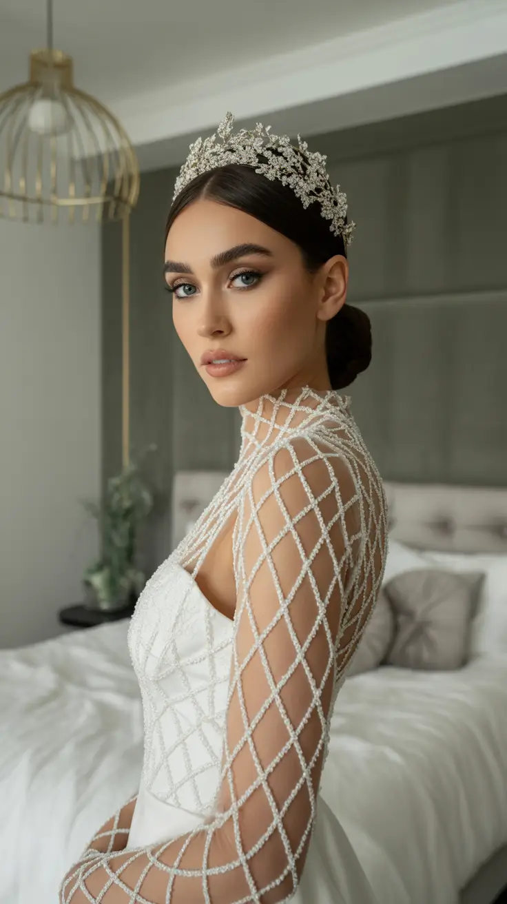 Chic bridal hairstyles 2026 Sleek Low Bun With Regal Crystal Crown