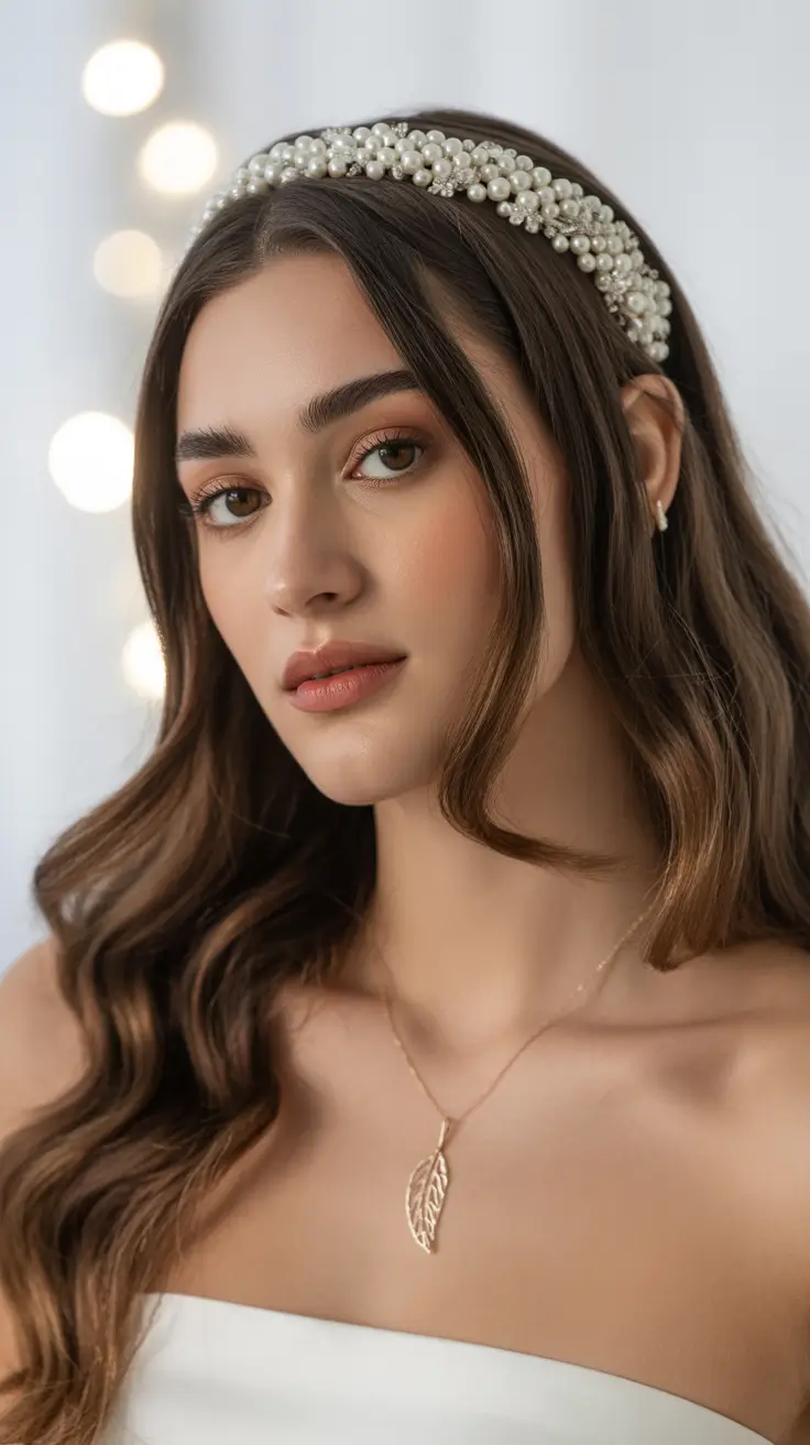 Chic bridal hairstyles 2026 Glossy Loose Waves With a Pearl-Detailed Headband