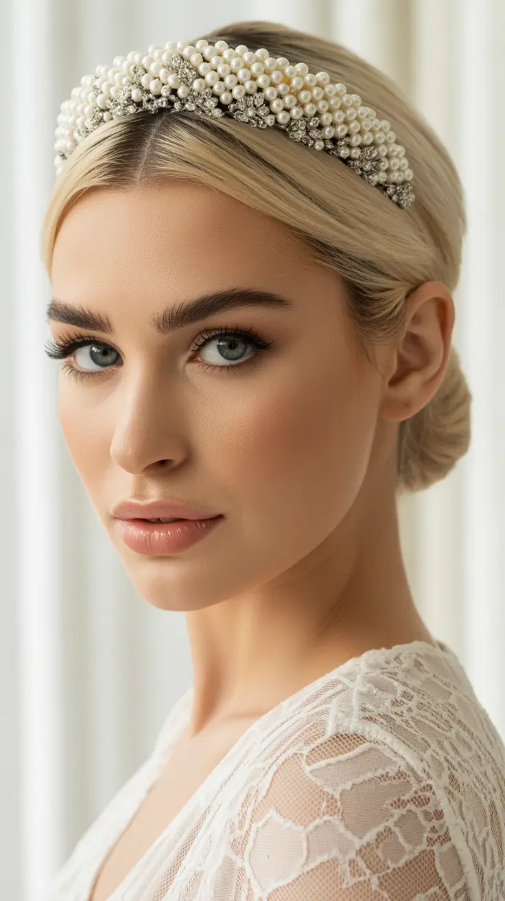 Chic bridal hairstyles 2026 Classic Low Bun With a Pearl Crown