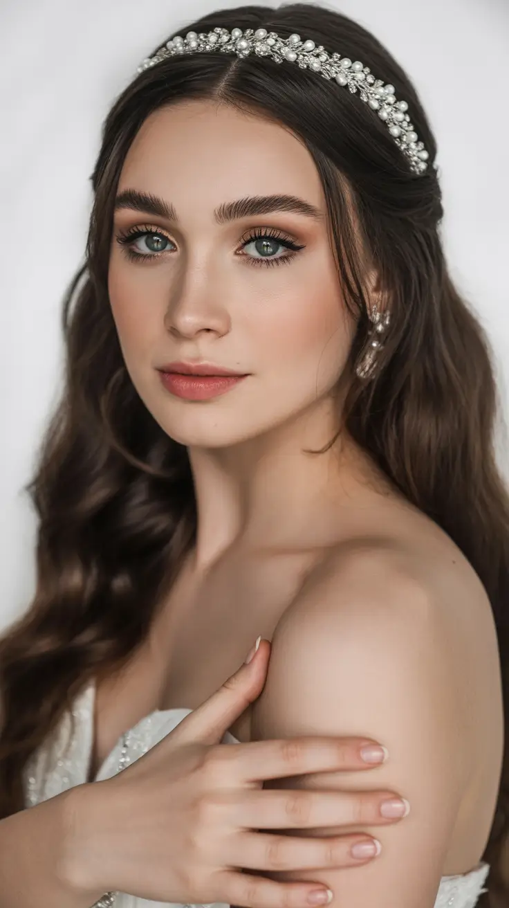 Chic bridal hairstyles 2026 Soft Waves With a Delicate Pearl Headband