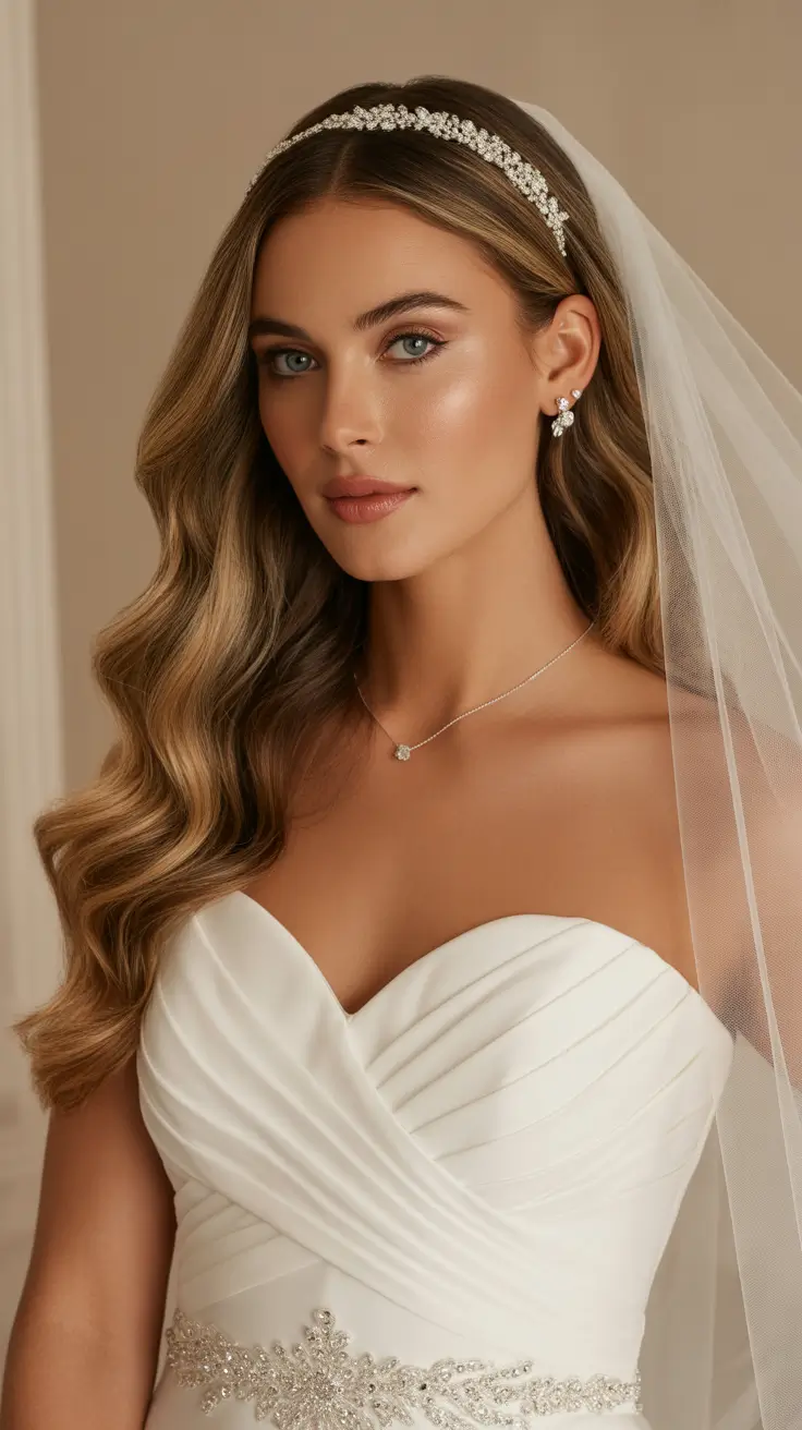 Chic bridal hairstyles 2026 Timeless Waves With a Crystal Headband and Veil