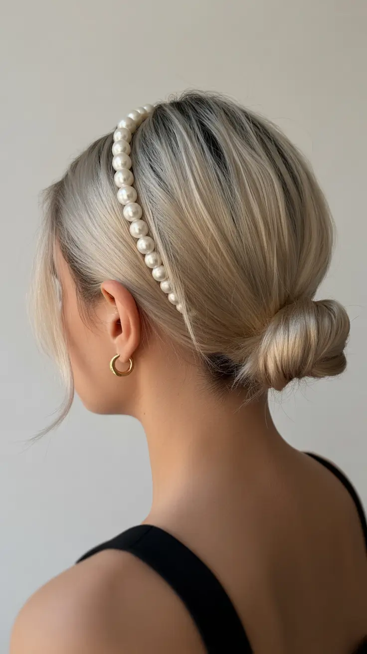 Chic bridal hairstyles 2026 Pearl-Accented Low Bun With Minimalist Lines