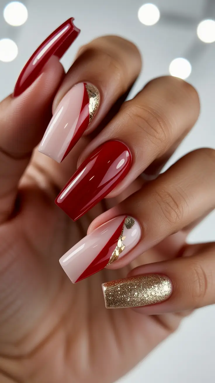 classy nail designs 2026 Red and Gold Luxe Sculpted Elegance