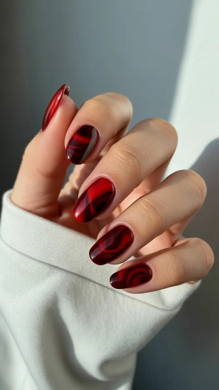 classy nail designs 2026 Deep Cherry Swirl Glass Nails