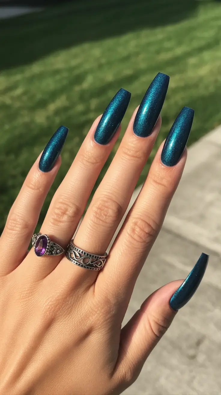 coffin nails ideas 2026 - Teal Chrome Glow for the Bold Summer Girl