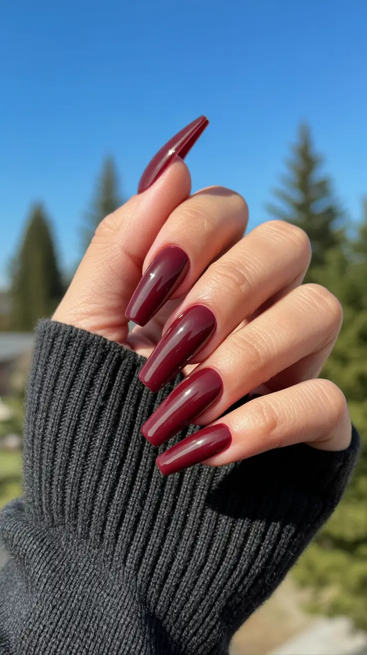 coffin nails ideas 2026 - Deep Garnet Red That Feels Like Winter Luxury