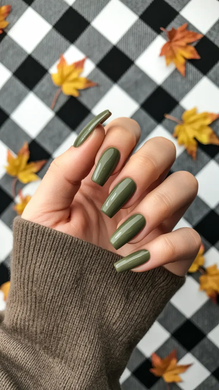coffin nails ideas 2026 - Warm Olive Green for an Earthy Autumn Moment