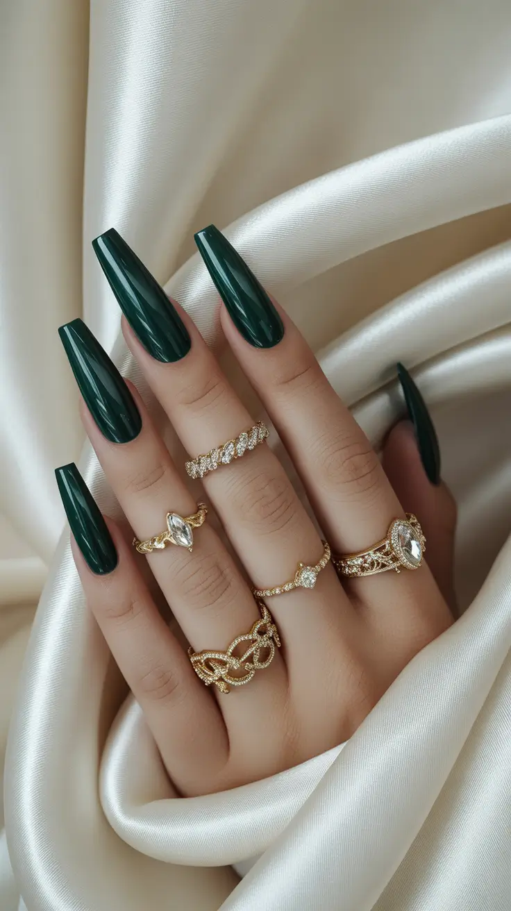 coffin nails ideas 2026 - Midnight Emerald for a Jewel-Tone Glam Moment