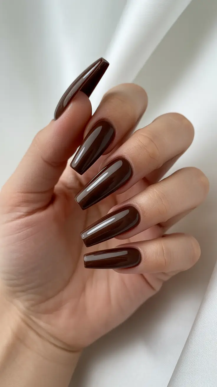 coffin nails ideas 2026 - Velvety Chocolate Brown for a Sleek Minimalist Look