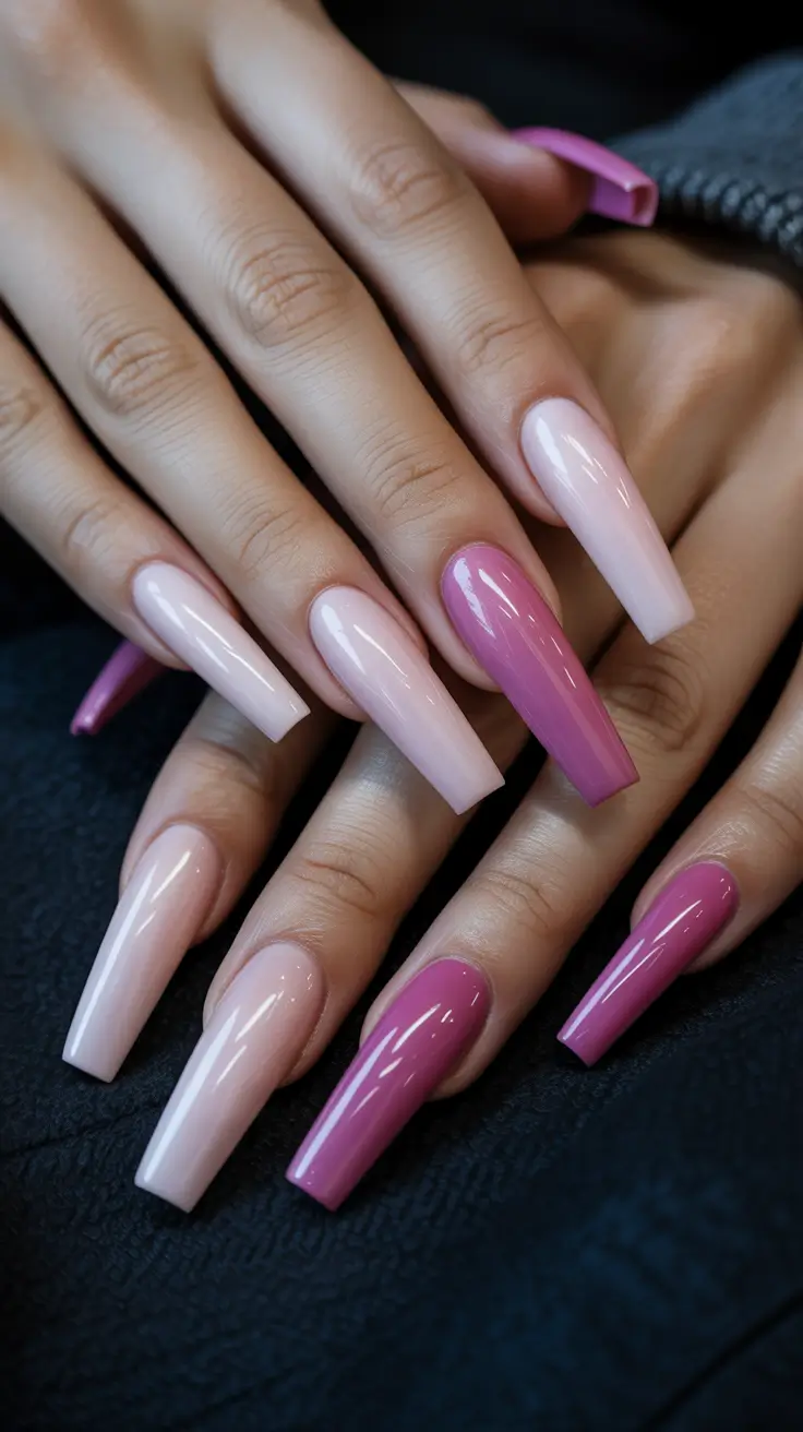 coffin nails ideas 2026 - Two-Tone Pink Harmony With a Soft Gradient Twist