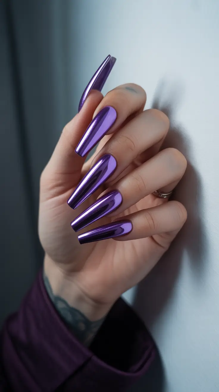 coffin nails ideas 2026 - High-Impact Chrome Purple for a Futuristic Edge