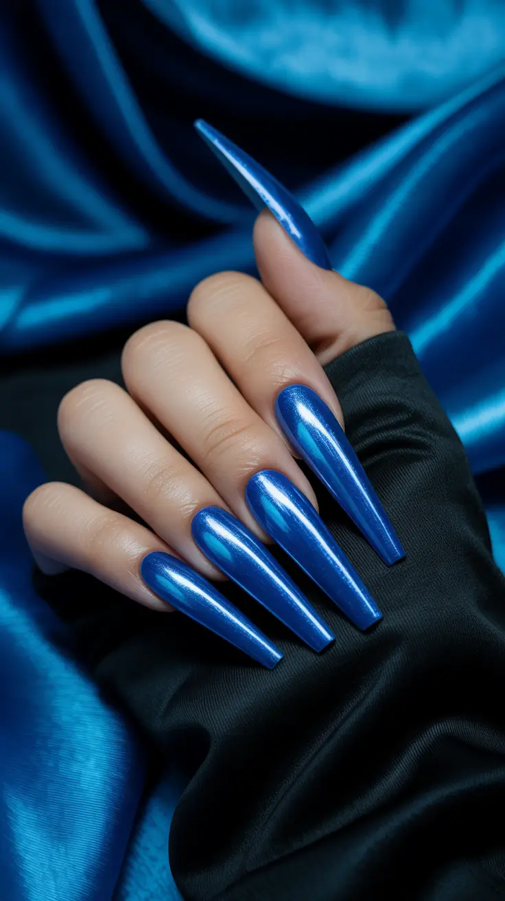 coffin nails ideas 2026 - Electric Sapphire Blue With a Liquid-Metal Sheen