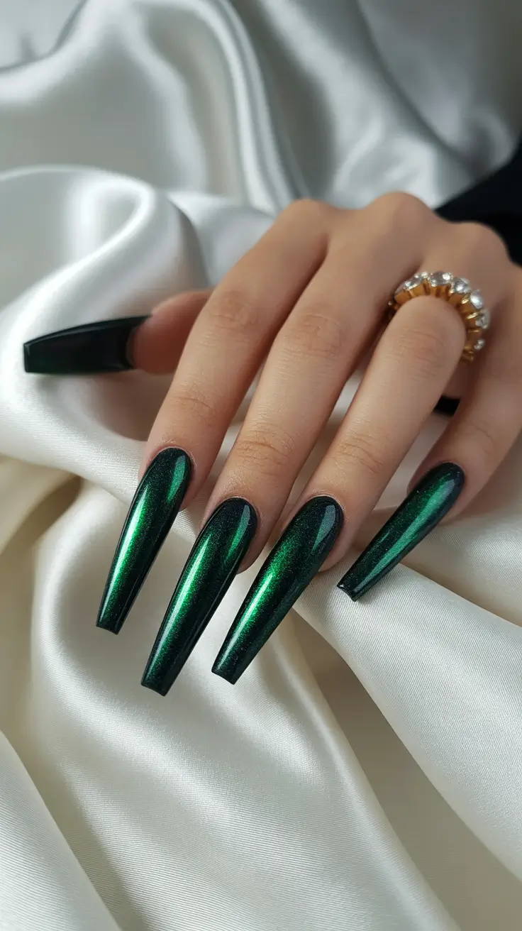 coffin nails ideas 2026 - Emerald Shimmer With Luxurious Depth