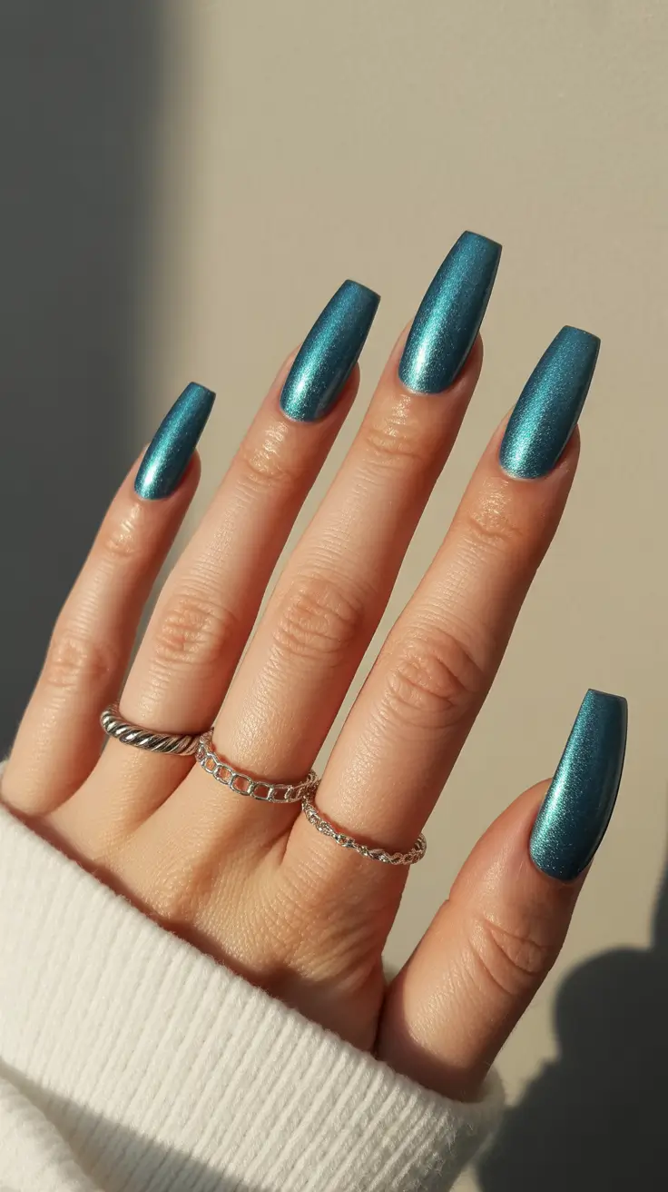 coffin nails ideas 2026 - Soft Metallic Teal With Sunset Lighting Vibes