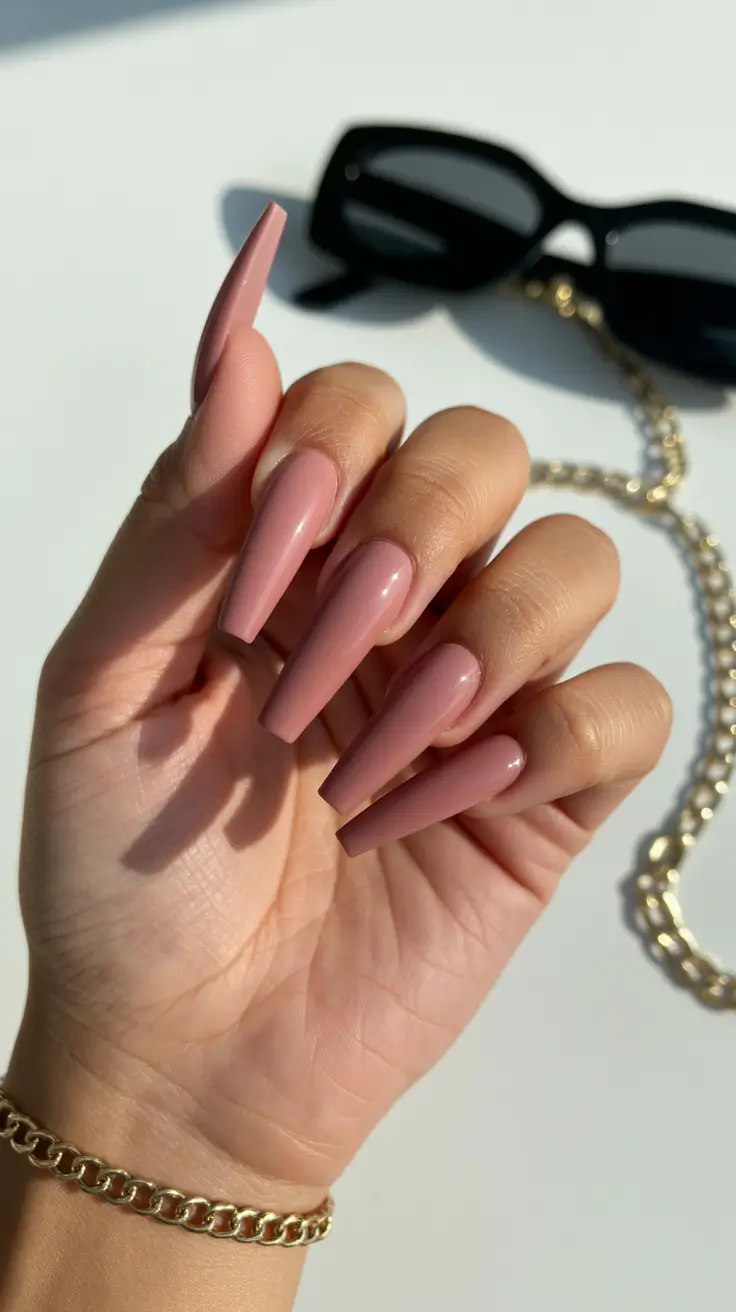 coffin nails ideas 2026 - Rosewood Pink Neutral for Soft Everyday Glam