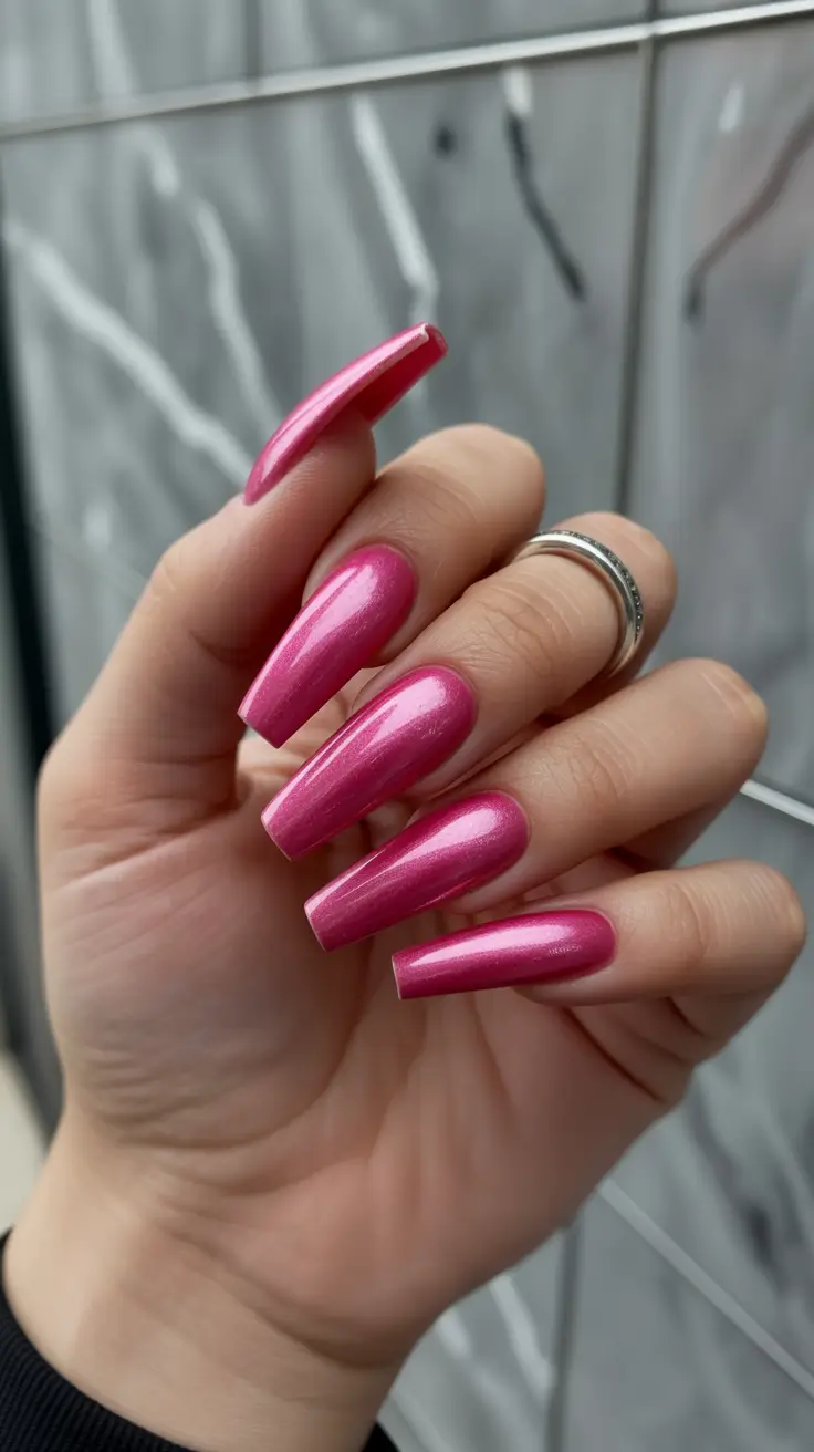 coffin nails ideas 2026 - Shimmer Pink Glow That Feels Like Y2K Energy Returned