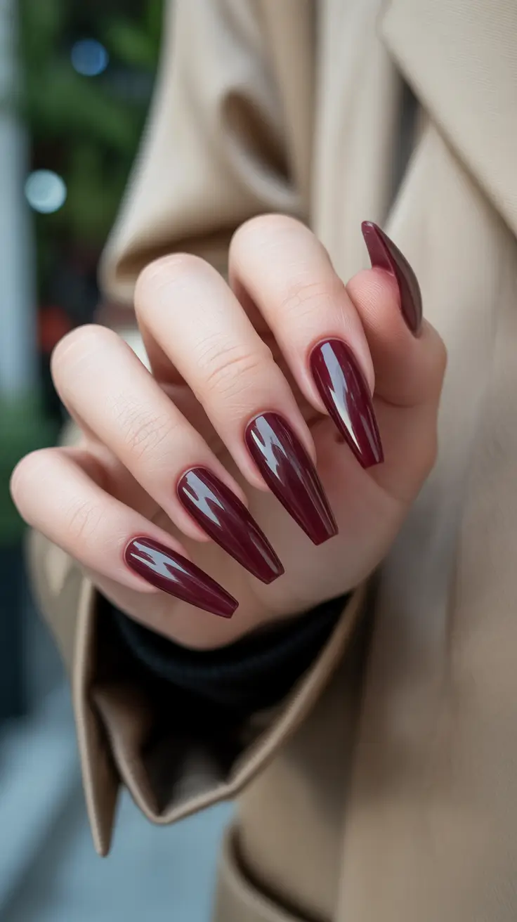 coffin nails ideas 2026 - Wine-Red Elegance With Glassy Depth