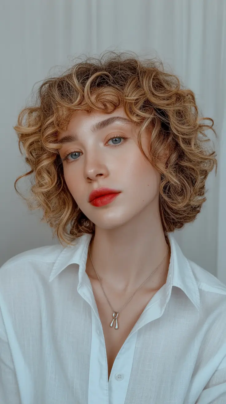 Cute curly hairstyles for women 2026 Warm Toned Curly Bob With Y2K Softness