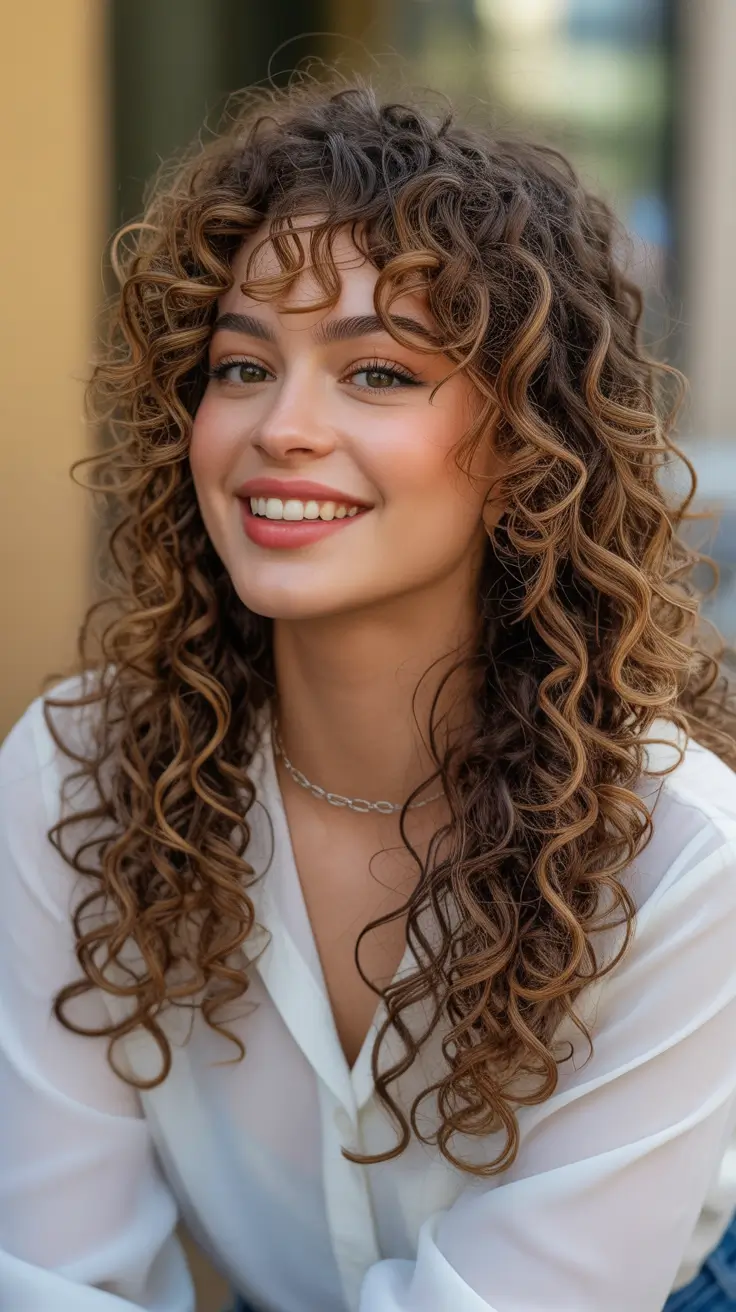 Cute curly hairstyles for women 2026 Sunlit Long Curls With Soft Fringe Energy